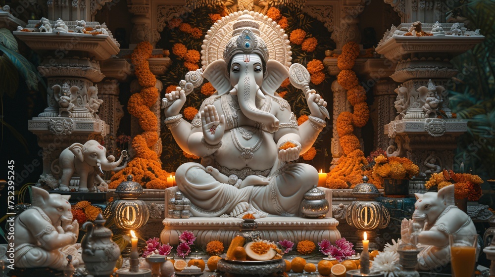 Ganesh Chaturthi Celebration: White Elephant Statue with Flower Decorations and Candles Generative AI