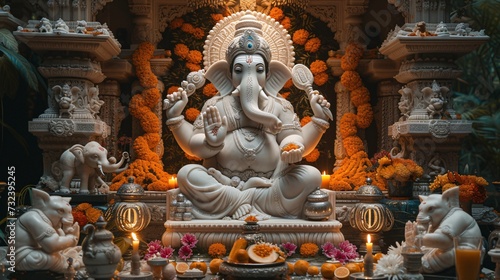 Ganesh Chaturthi Celebration: White Elephant Statue with Flower Decorations and Candles Generative AI