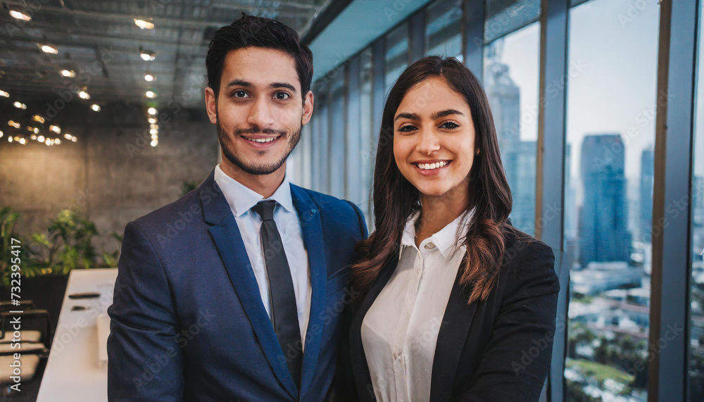 Male and female business couple posing smiling at their business office looking at the camera Male and female business couple posing smiling at their business office looking at the camera