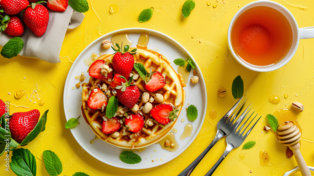 Top-down view of a crispy waffle adorned with luscious strawberries, and crunchy nuts, drizzled with golden honey, and accompanied by a steaming cup of tea on a yellow background Top-down view of a crispy waffle adorned with luscious strawberries, and crunchy nuts, drizzled with golden honey, and accompanied by a steaming cup of tea on a yellow background