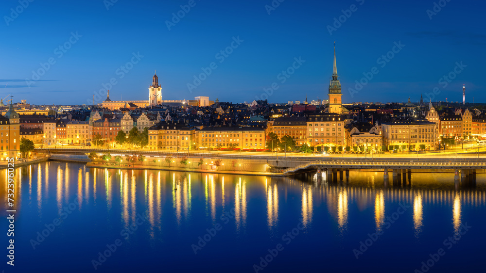 Stockholm, Sweden. Panoramic view of the City centre. The capital of Sweden. Cityscape during the blue hour. View of the old town in Stockholm. Photo for background and wallpaper.