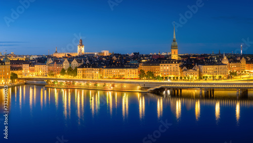 Stockholm  Sweden. Panoramic view of the City centre. The capital of Sweden. Cityscape during the blue hour. View of the old town in Stockholm. Photo for background and wallpaper.