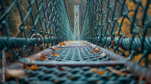 A pedestrian suspension bridge connecting valleys supported by thick chains. Geometric and beautiful architecture. generative AI photo
