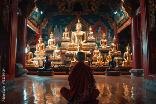 a monk is meditating in front of many golden buddha statues