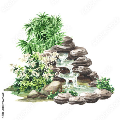 Garden Decorative Cascade Fountain. Small architectural form  Landscape design element.  Hand drawn watercolor illustration isolated on white background