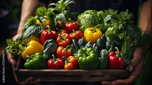 A person s hands holding a wooden crate filled with fresh  colorful vegetables like bell peppers  spinach  and herbs on a dark background.Healthy food concept. AI generated.