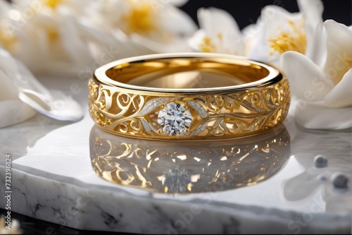 Gold ring with flower petalson marble top photo