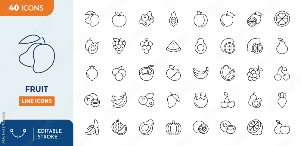 Fruit set Line icon editable stroke - obrazy, fototapety, plakaty 