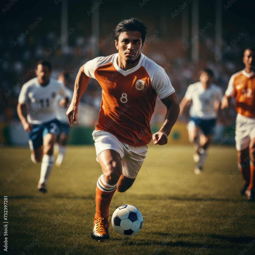 Soccer Player Dribbling in Mid-Game Action
