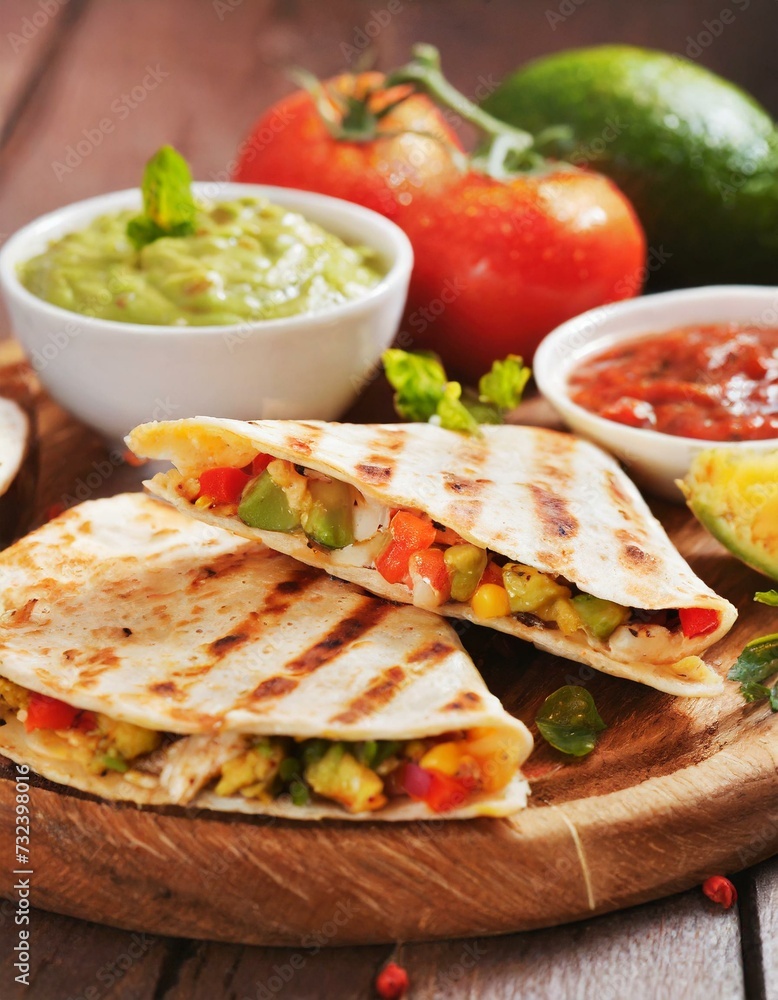 Quesadillas presented in a Tasteful Way with Melted Cheese on a Platter - Spanish or Mexican Cuisine Quesadillas presented in a Tasteful Way with Melted Cheese on a Platter - Spanish or Mexican Cuisine