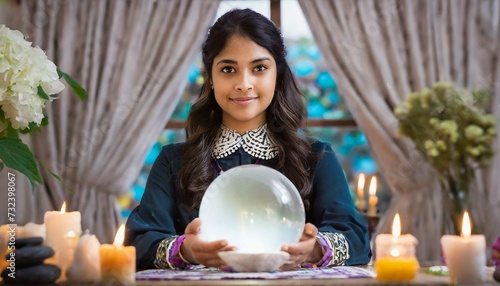 Gypsy young woman fortune teller working with glowing crystal ball, predicting future photo