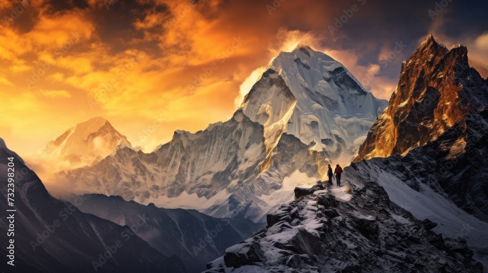 Majestic Mountain Peak at Sunset - obrazy, fototapety, plakaty 