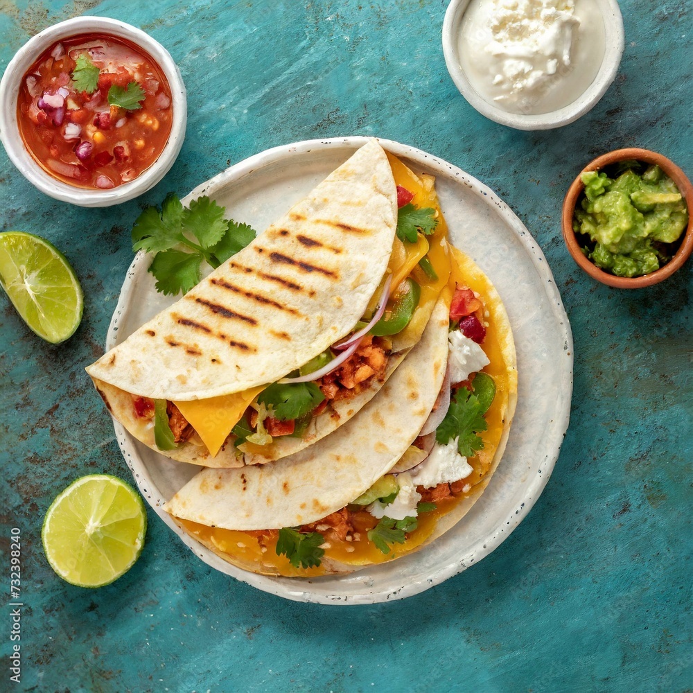 Quesadillas presented in a Tasteful Way with Melted Cheese on a Platter - Spanish or Mexican Cuisine Quesadillas presented in a Tasteful Way with Melted Cheese on a Platter - Spanish or Mexican Cuisine