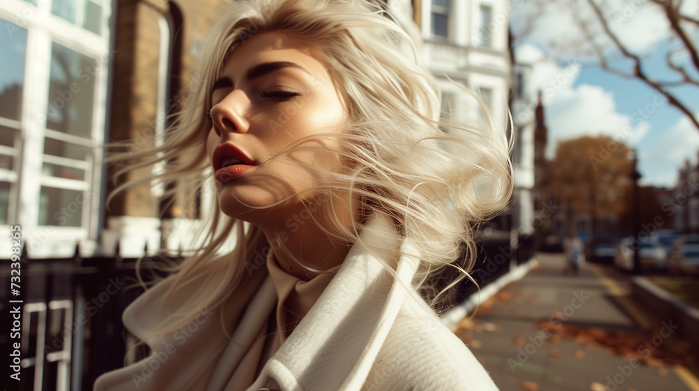 Fototapeta premium Woman with glossy wavy white long hair .