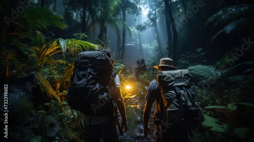 Hikers with Backpacks Trekking in Misty Jungle