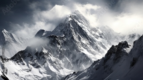 Dramatic Clouds Enveloping Rugged Snowy Peaks © Polypicsell