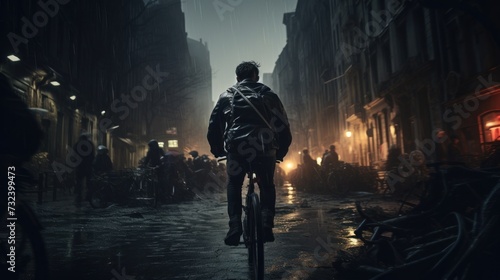 Commuter Cycling Through Rainy Urban Street