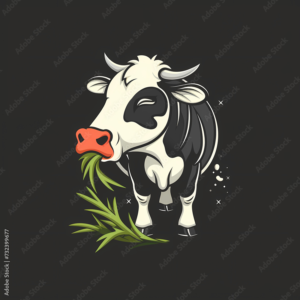 Flat Logo of a cow eating grass, cartoon style, monochrome background