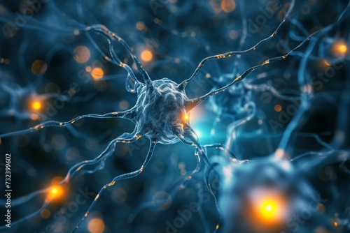 Neuron cells system - 3D rendered image of Neuron cell network. photo