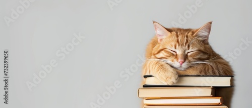 Cute cat sleeping on top of a pile of books.