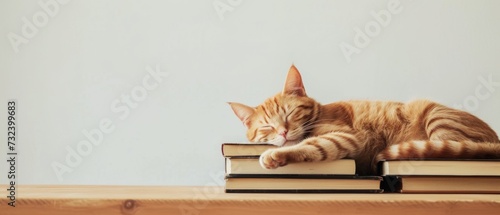 Cute cat sleeping on top of a pile of books.