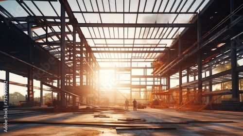 Sunset Through the Steel Framework of a Building Under Construction