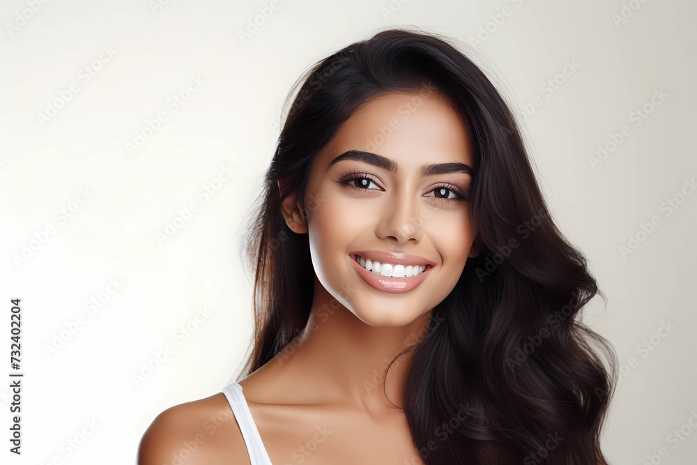 a closeup photo portrait of a beautiful young asian indian model woman smiling with clean teeth. used for a dental ad. isolated on white background a closeup photo portrait of a beautiful young asian indian model woman smiling with clean teeth. used for a dental ad. isolated on white background