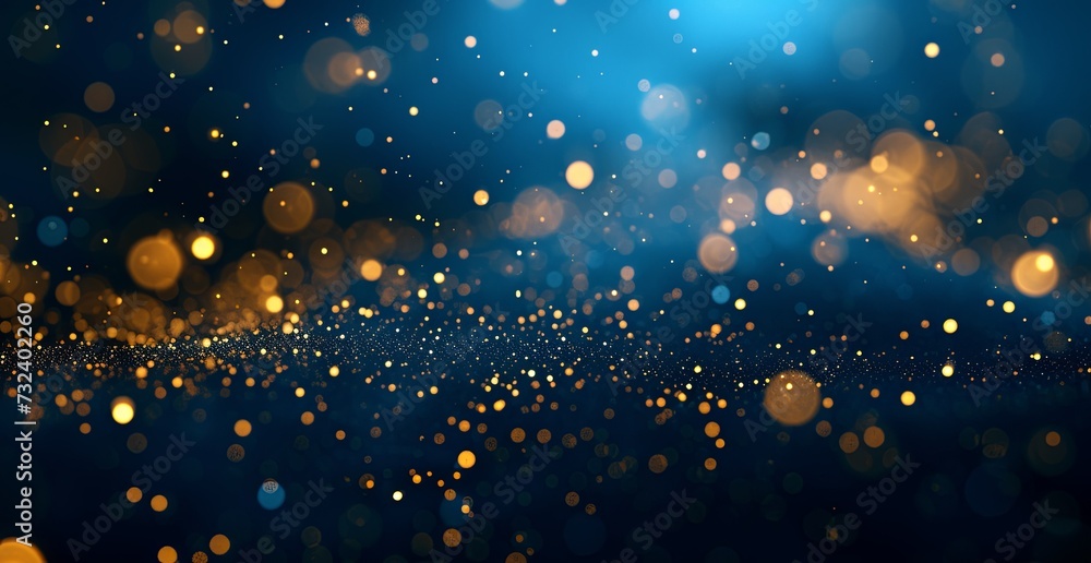 a gold, dark blue background with lights, in the style of light aquamarine and azure, color splash, confetti-like dots, organic shapes, selective focus, photorealistic pastiche. a gold, dark blue background with lights, in the style of light aquamarine and azure, color splash, confetti-like dots, organic shapes, selective focus, photorealistic pastiche.