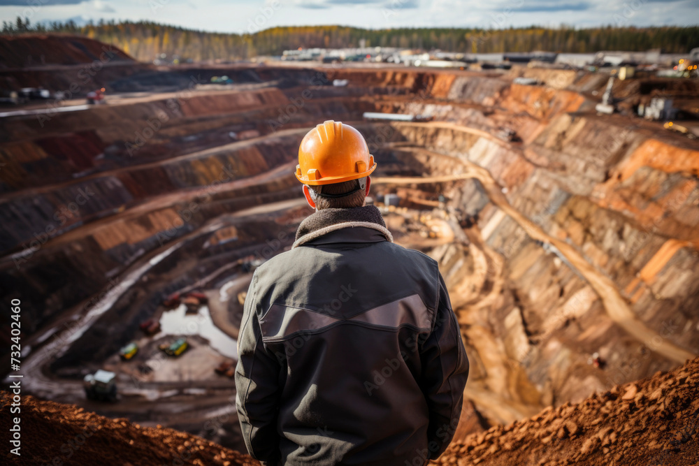Mining Engineer Assessing Open-Pit Copper Mine in Autumn.