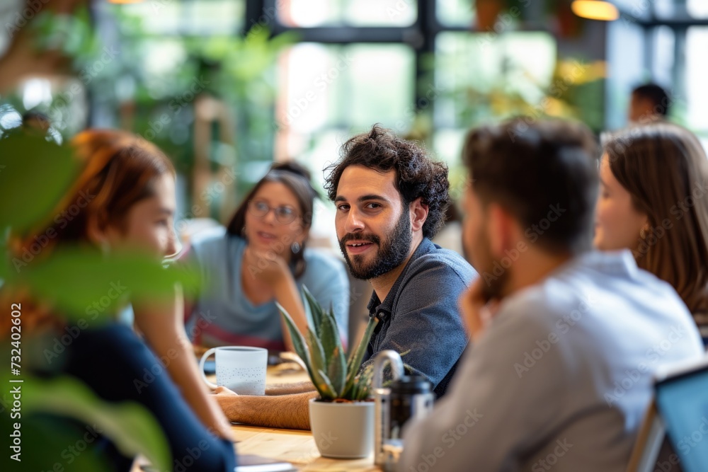 Obraz premium Focused shot of a young man in a social setting, surrounded by colleagues, engaging in a lively discussion at a modern café with a warm and inviting atmosphere.