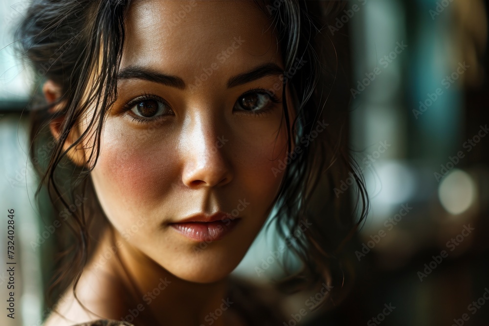 Close-Up Portrait of Young Asian Woman with a Reflective and Serene Expression.