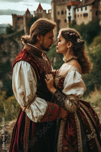 Majestic Couple in Renaissance Attire Overlooking Castle Landscape.