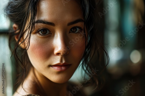 Close-Up Portrait of Young Asian Woman with a Reflective and Serene Expression. © NS