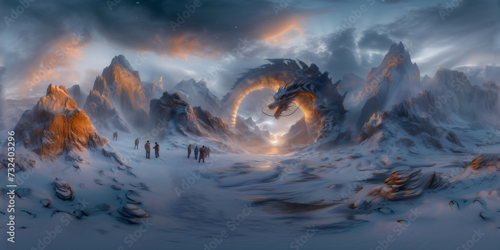 360panorama vr picture,360 panorama metaverse,Chinese Loong,dragon,sunset,snow mountain,Visionpro,Quest,Pico,ZhengZH