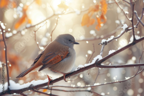 The bird is standing on a tree branch in snowy winter