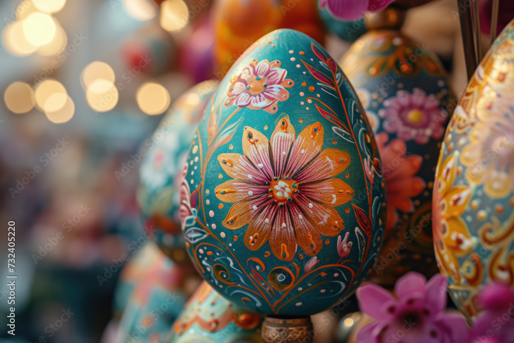 Hand painted Easter egg adorned with traditional folk patterns on bokeh background