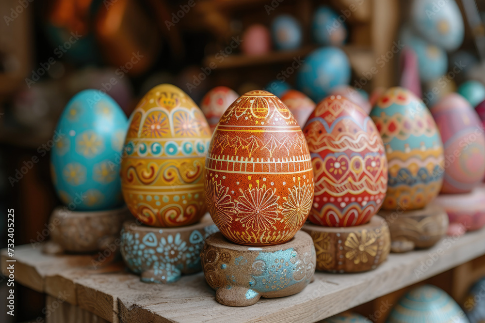 Hand painted Easter eggs, adorned with various patterns, displayed neatly in rows Hand painted Easter eggs, adorned with various patterns, displayed neatly in rows