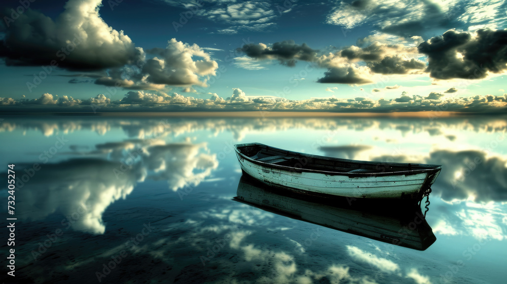 White wooden boat in the water of a beautiful calm lake with stunning clouds in the background.