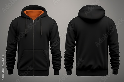 A black hoodie featuring an orange hoodie. Can be used to showcase contrasting colors in fashion or for a sporty and casual look