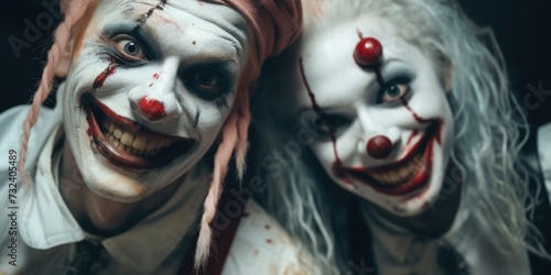 Two people dressed up as clowns posing for a picture. Perfect for circus-themed events or Halloween parties
