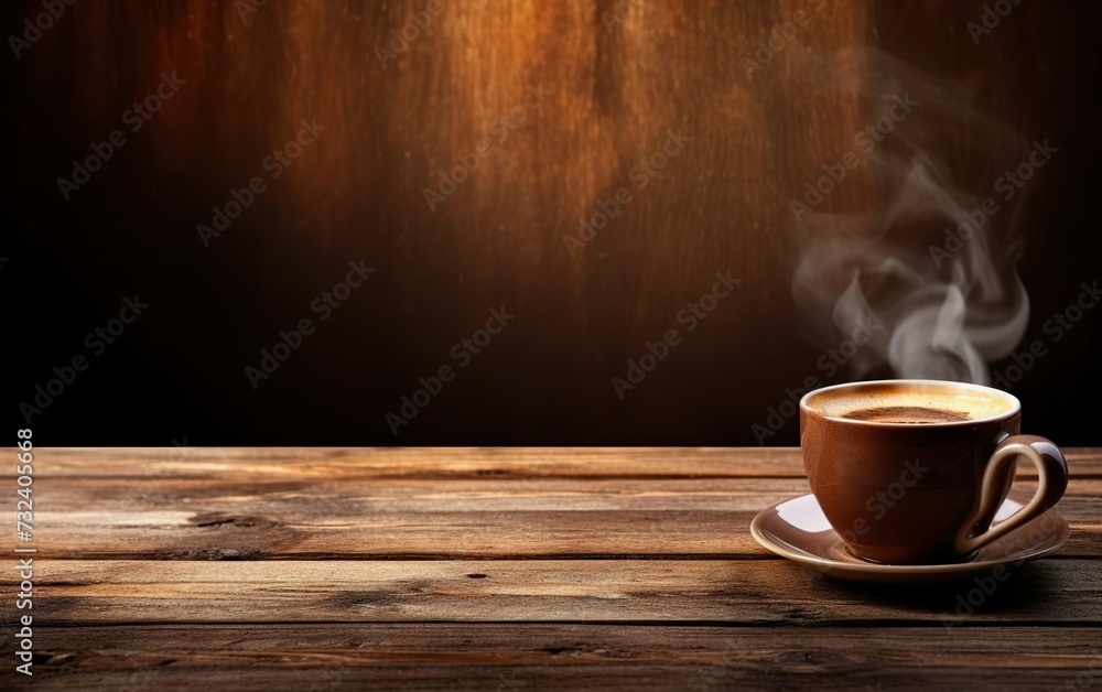 Cup of coffee on wooden table web banner size. Brown blurred background. Relaxed pace time. Good morning concept. AI Generative. Cup of coffee on wooden table web banner size. Brown blurred background. Relaxed pace time. Good morning concept. AI Generative.