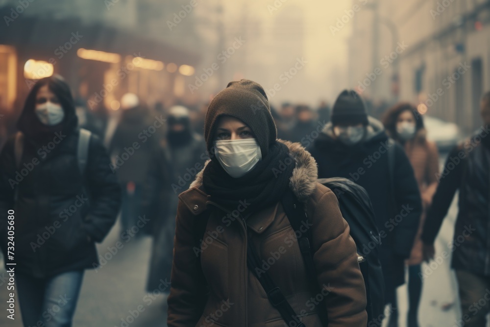 A group of people walking down a street while wearing masks. Can be used to depict a variety of scenarios related to anonymity, protection, safety, protests, or social distancing