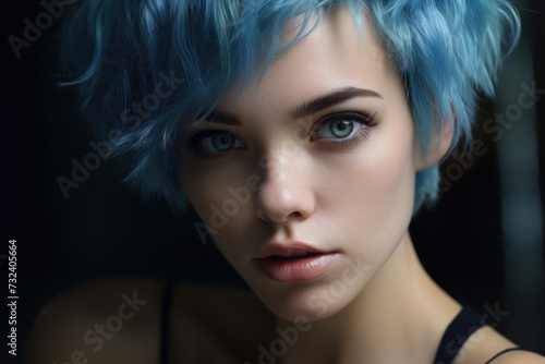 A woman with blue hair striking a pose for a photo. Perfect for fashion or beauty-related projects