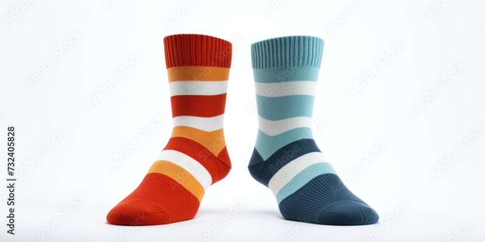 Colorful pair of socks sitting next to each other. Can be used to depict fashion, style, or clothing accessories Colorful pair of socks sitting next to each other. Can be used to depict fashion, style, or clothing accessories