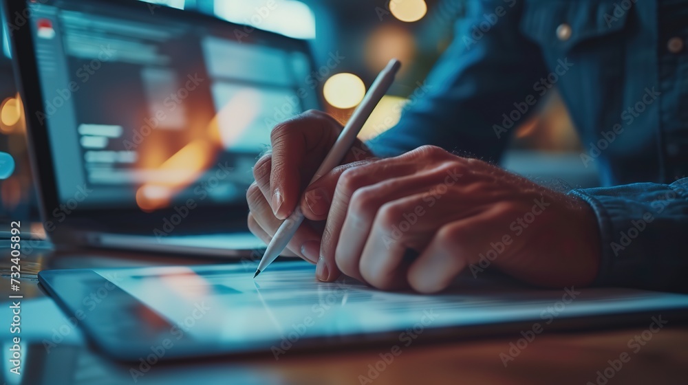 Focused graphic designer drawing on a digital tablet with a stylus, computer screens with design software in the background. Focused graphic designer drawing on a digital tablet with a stylus, computer screens with design software in the background.