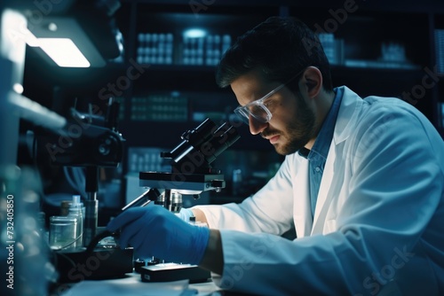 A man in a lab coat is examining something through a microscope. This image can be used to depict scientific research or laboratory work