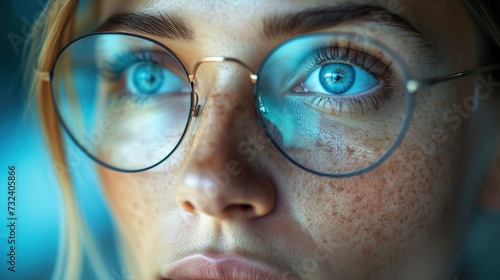 Extreme close-up of a woman with striking blue eyes and freckles, seen through the lenses of her round glasses.