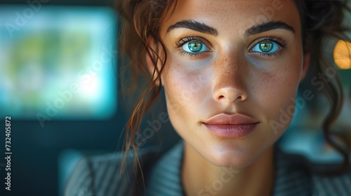 A confident young woman with captivating green eyes and freckles looks directly at the camera, a soft focus background behind her.