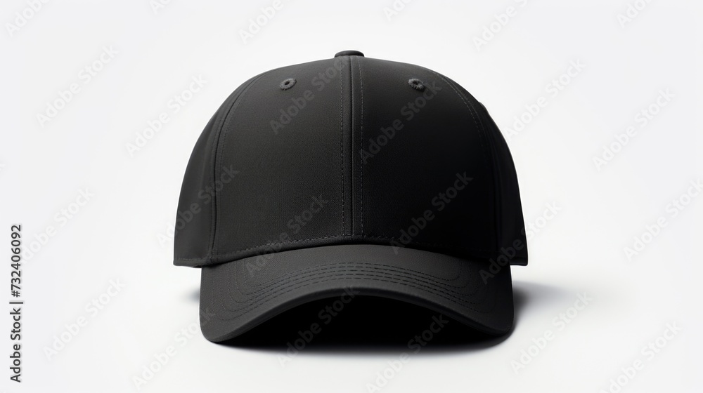 A black baseball cap placed on a clean white background. Suitable for various marketing and promotional materials A black baseball cap placed on a clean white background. Suitable for various marketing and promotional materials