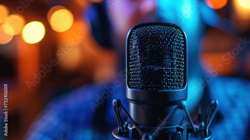 A close-up of a professional studio microphone, set up for audio recording, with vibrant bokeh lights in the background.